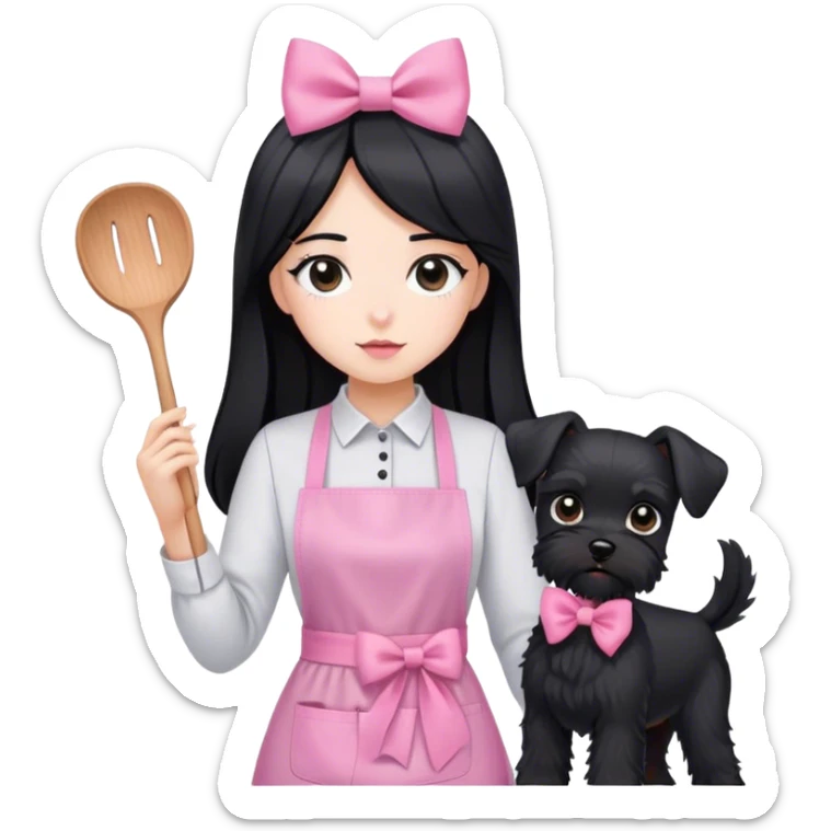 pale girl with LONG BLACK HAIR wearing black long shirt wearing apron holding black  schnauzer pink bow sticker