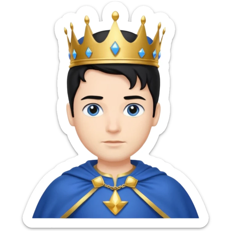 Prince with crown, blue cape and trousers, body and legs, black hair, blue eyes,  sticker