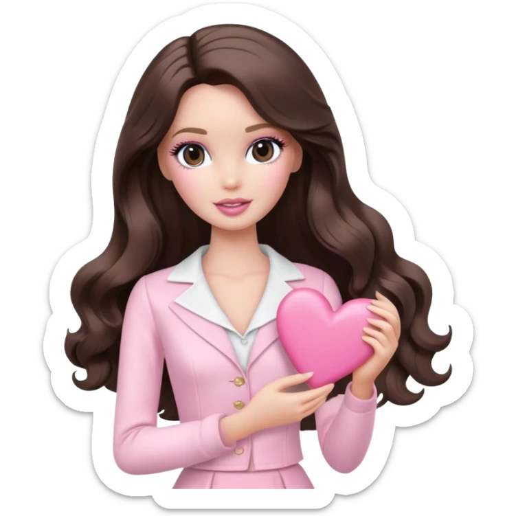 A white Barbie girl with makeup and long dark brown wavy hair in pale pink clothes holds pale pink heart sticker