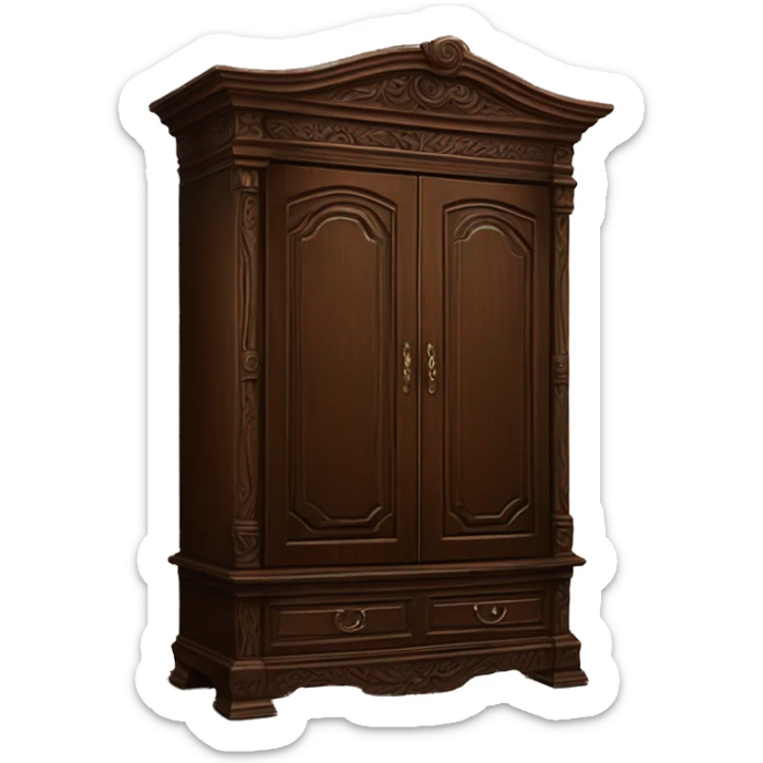 Large wooden wardrobe that’s a rich brown color with intricate carvings on it  sticker