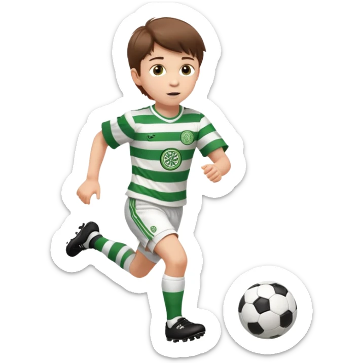 Celtic footballer jersey logo  6 years old brown hair white boy , brown eyes , stripes uniform , RUNNING  with soccer ball # 17 celtic football logo PUT ONLY ONE LOGO ONE CELTIC LOGO ONLY white shorts sticker