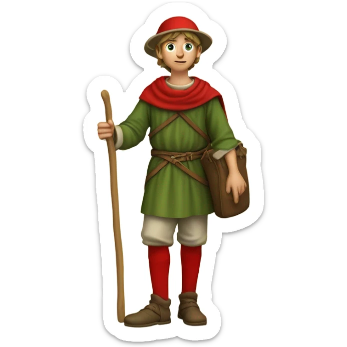 Young European pilgrim of the 13th century with staff, red stockings, short tunic and green hat and leather bag sticker