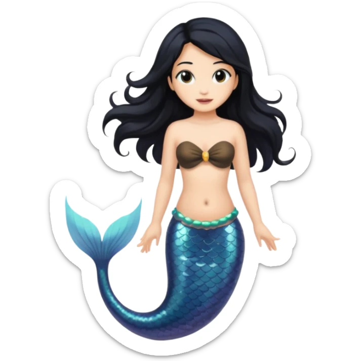 Mermaid with black hair and black and brown tail. Long hair covering chest. sticker