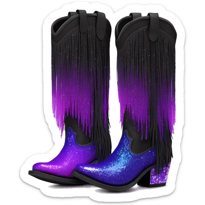 Realistic short neon purple to black ombre fashion cowgirl boot with sparkly shiny glitter fringe on them. sticker