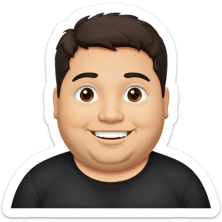 Hombre chubby latino piel canela, cara redonda-ancha, scruff sin barba completa, cejas gruesas, pelo oscuro ondulado flat largo hasta el cuello. Sonrisa amplia, expresión alegre. Camisa negra. Size large.  sticker