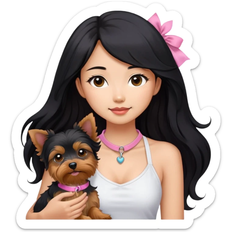 A pretty Asian girl with long, luscious wavy black hair (loose, no hair tie), wearing a white sleeveless halter top. She's holding a Yorkshire Terrier. the dog is wearing a pink collar.  sticker