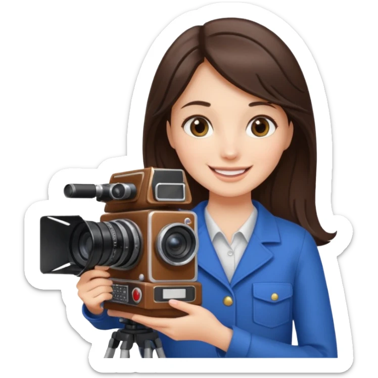 A brunette girl , she’s a proud and successful filmmaker 🍿🌍✨ she’s next to a tall, set camera, / holding awards  sticker