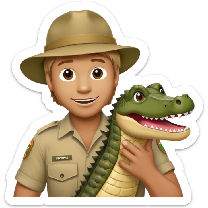 Cinematic Realistic Steve Irwin Portrait Emoji, in his signature khaki attire, holding a crocodile or giving an excited thumbs-up. The scene is lit with vibrant, natural sunlight, emphasizing his adventurous spirit and deep connection to nature. sticker