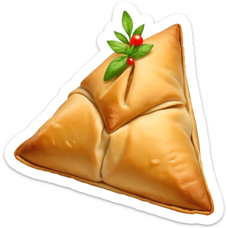Samosa Cinematic Realistic Samosa Snack Emoji, depicted as a crispy, golden triangular pastry filled with spiced vegetables or meat, rendered with rich textures and vibrant, appetizing lighting. sticker