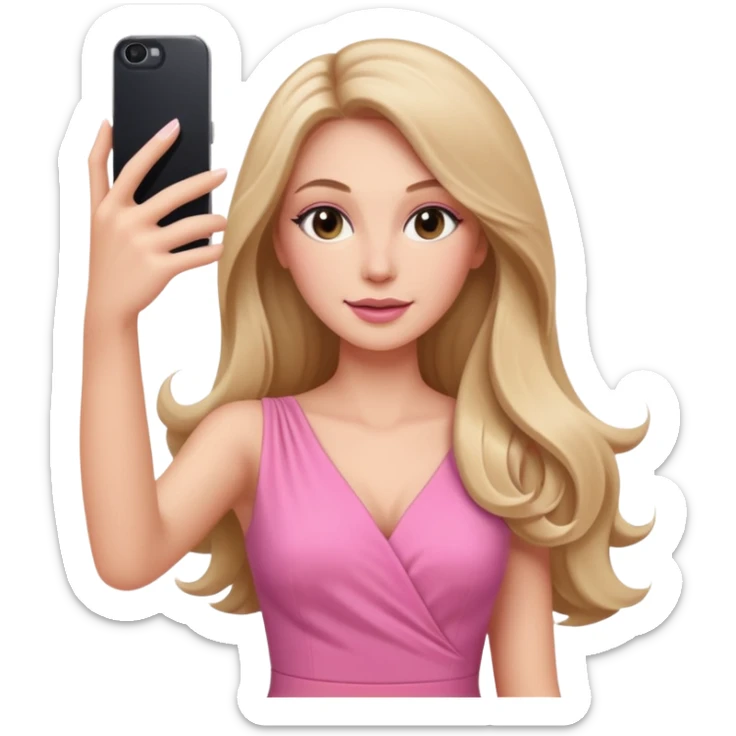 White woman gorgeous make up long hair taking selfie in pink dress sticker