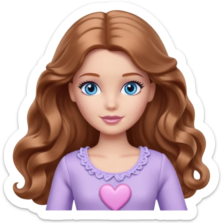 There are grey hearts all around Barbie girl Chestnut long wavy hair and blue eyes is In pale purple clothes sticker