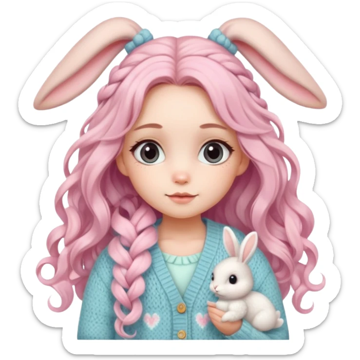  A girl with long curls, a pastel-colored hair clip, and a knitted cardigan with a bunny pattern, looking cute. sticker