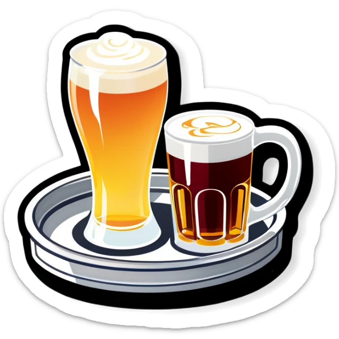 A serving tray with a glass of beer, glass of wine, and a latte k sink. Bbdjd sticker