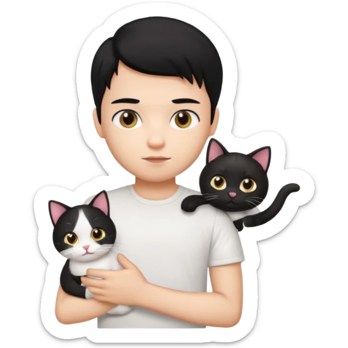 generate a pretty bratz emoji of a boy with black hair wearing a white tshirt and holding a cat in his right hand sticker