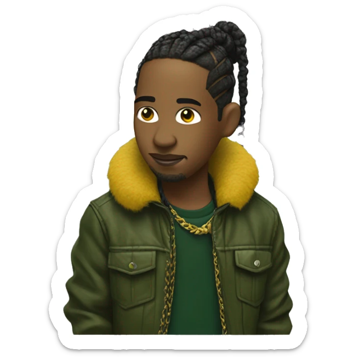 Side profile of a hip hop artist with braids. He has an arm extended down, holding a mic. He's wearing a very dark green crocodile jacket. The jacket has a furry yellow mustard collar.  sticker