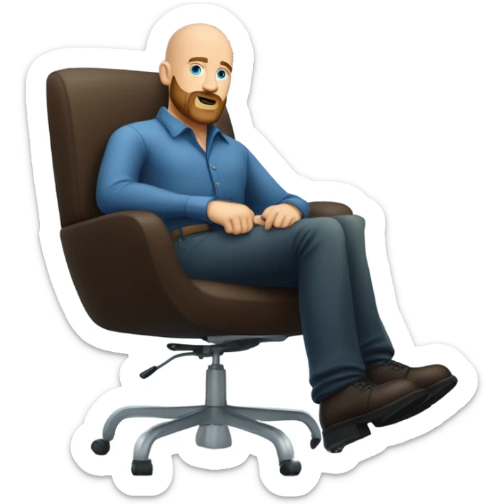 Bald, Caucasian, sky-blue-eyed, Psychotherapist in a modern colorful chair. He has a brown full beard and he’s Wearing a black dress shirt with a subtle pattern, blue jeans and black Chelsea boots with his legs separted leaning forward grey in goatee sticker