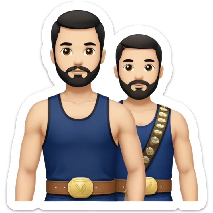 Man wrestling with short black hair, beard wearing a navy singlet with white edging and a championship belt over his shoulder  sticker