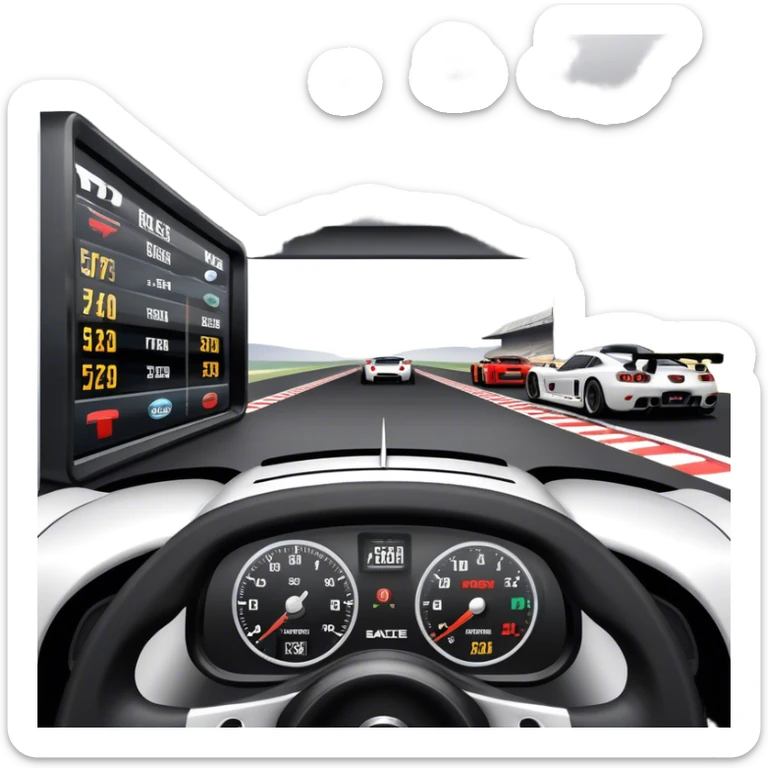 An icon showing a racing game interface, inspired by Grand Turismo. The design features a garage with a selection of high-performance cars, along with race track visuals in the background. Speedometer, lap timer, and other HUD elements add to the excitement. Transparent background sticker