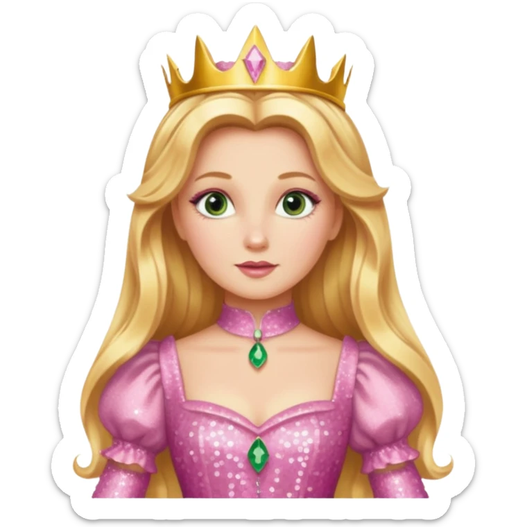 Glinda from The Wizard of Oz with long golden blonde hair, pink sequin outfit sticker