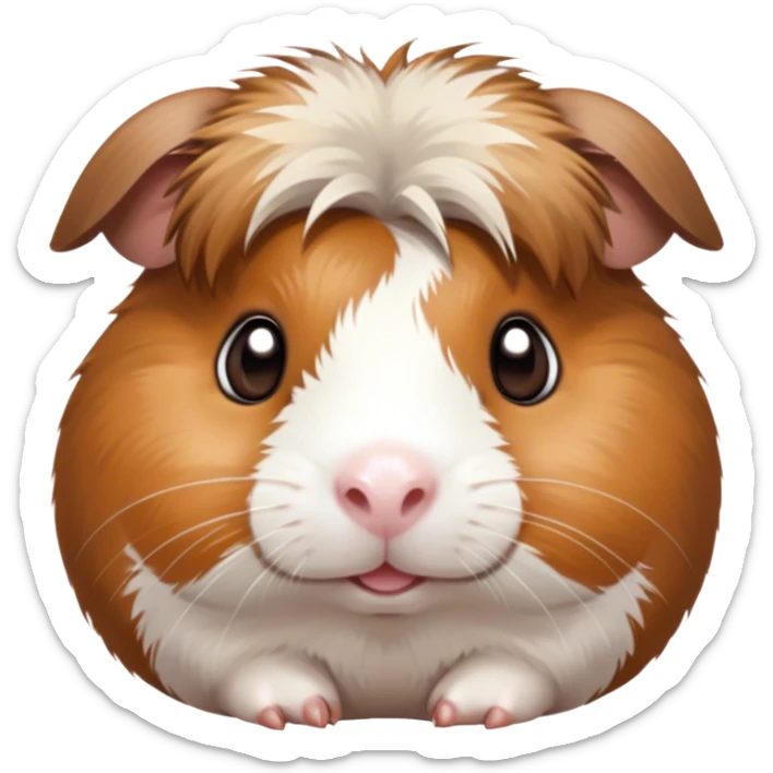 Cinematic Cute Brown and White Banded Guinea Pig Portrait Emoji, Head tilted playfully and inquisitively, showcasing a fluffy fur with playful brown and white banded patterns, round, sparkling dark eyes filled with curiosity, Simplified yet irresistibly adorable features, highly detailed, glowing with a warm, friendly glow, high shine, affectionate and spirited, stylized with a touch of whimsy, bright and endearing, soft glowing outline, capturing the essence of a mischievous yet loving guinea pig, so playful it feels like it could dash out of the screen and into your arms! sticker