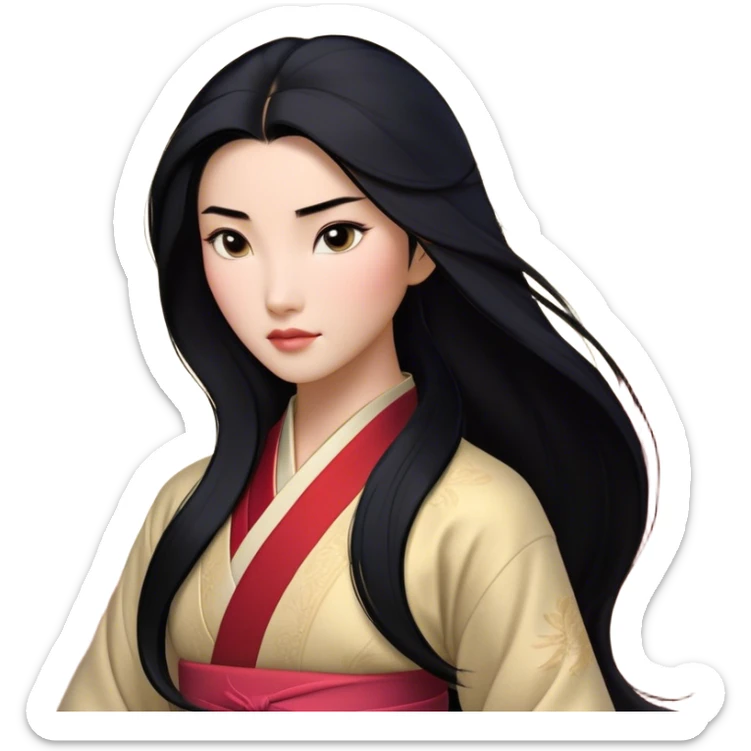 Cinematic Realistic Mulan Portrait, depicted with lifelike skin texture, soft natural lighting, and intricately detailed long black hair styled elegantly. Her deep, expressive eyes exude determination and grace, complemented by a serene yet confident expression. She is dressed in her classic attire, with rich fabric textures and delicate folds that catch the light beautifully. The portrait features a soft, enchanting glow with a natural, radiant finish, capturing the essence of timeless strength and beauty in a realistic and painterly style, evoking a sense of depth and authenticity. sticker