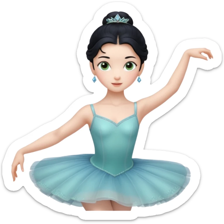 Cinematic Realistic ballerina Medium Blue Portrait, depicted with lifelike skin texture, subtle rosy undertones, and soft natural lighting that enhances the gentle contours of her face. Her intricately detailed sweet black hair is elegantly styled, green eyes sticker