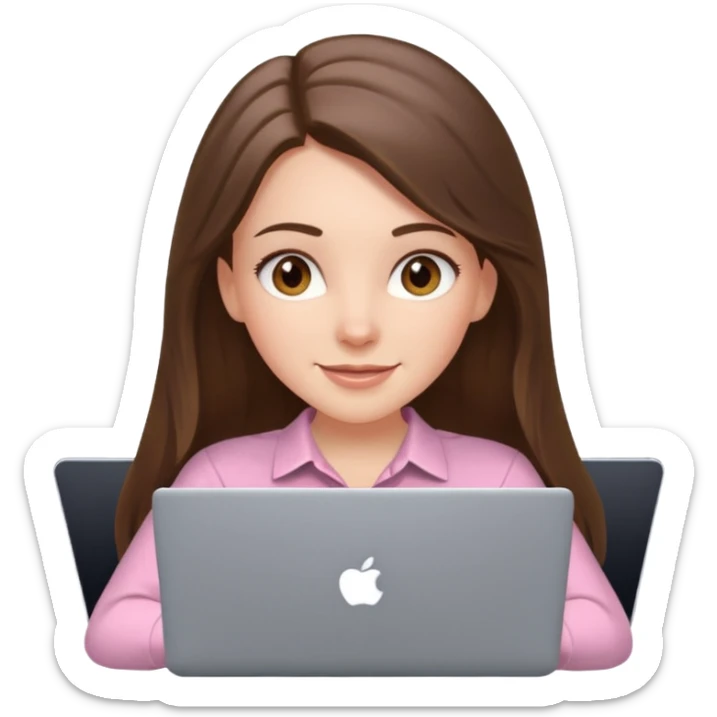 happy white long brunette hair girl with hazel eyes and in light pink using laptop sticker