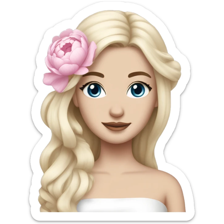 White bride with long light blonde hair and blue eyes with light pink peonies in hair white skin  sticker