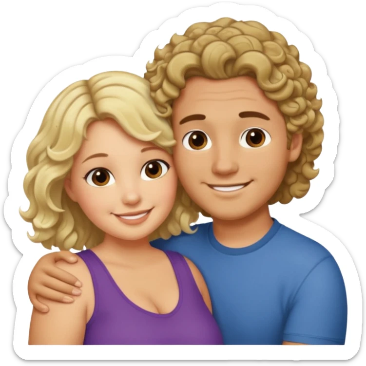 flirty couple hugging. The man short dark brown hair. The woman is chubby and has shoulder-length blond curls sticker