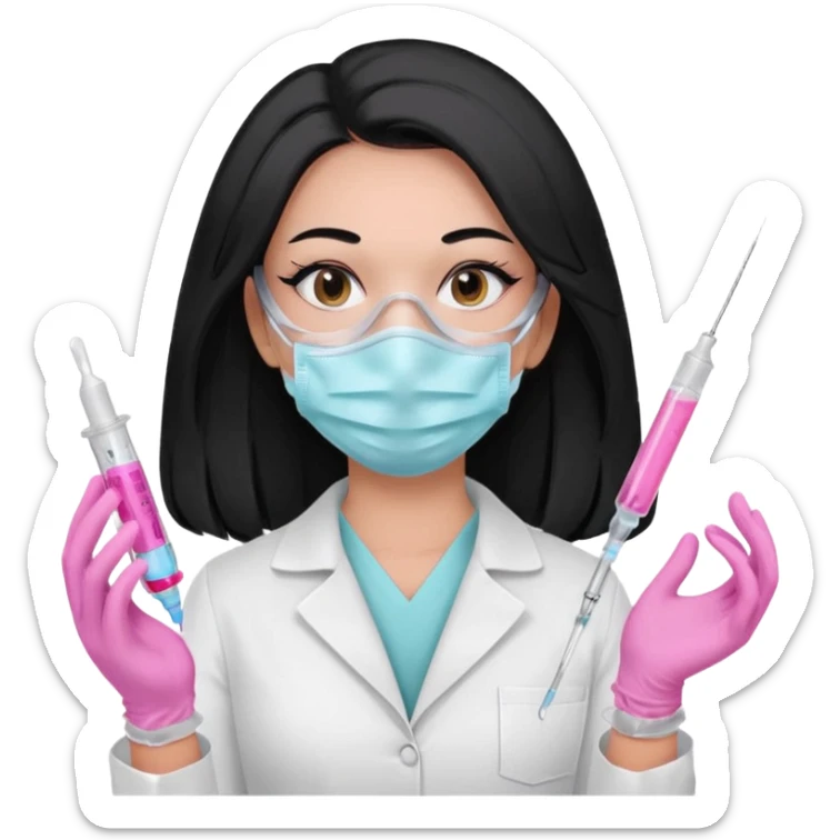 laboratorista con guantes rosa pastel y mascarilla rosa pastel jeringa tubo laboratorio sin lentes pelo lacio negro y largo sticker