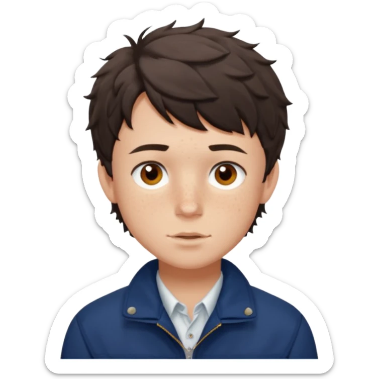 Owen Cooper in dark brown short and choppy fringe short wavy hair with brown eyes, freckles on his cheeks, wearing deep blue jacket and white shirt sticker