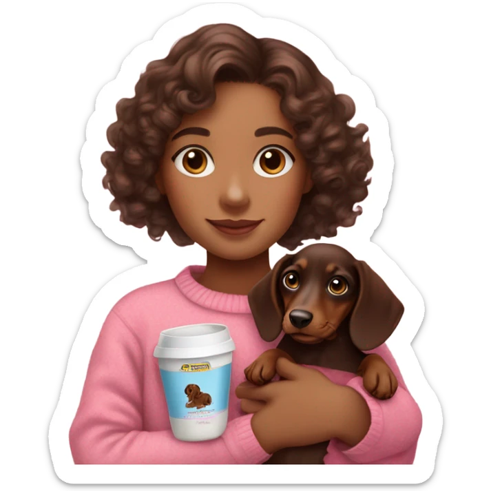 Brunette girl with medium curly hair in a pink sweater holds a dachshund chocolate and creams puppy in her arms sticker