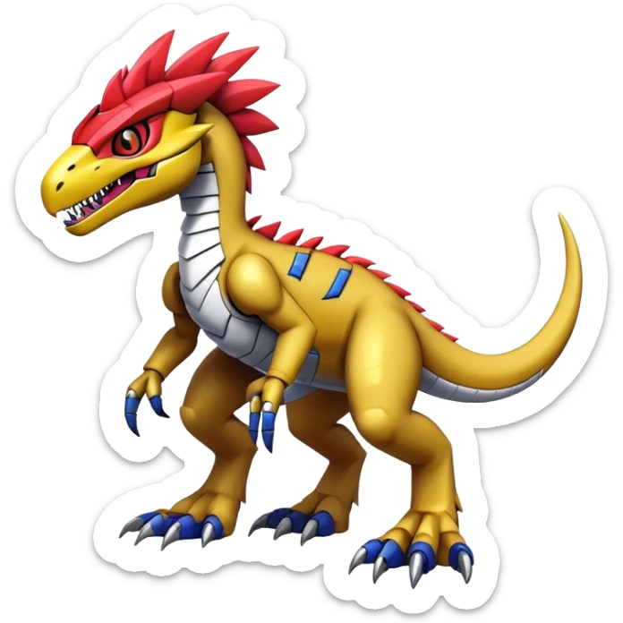 Furry maned Cool Edgy Futuristic shiny colorful Digimon-Fakemon-Guilmon-Velociraptor-Mecha full body   sticker