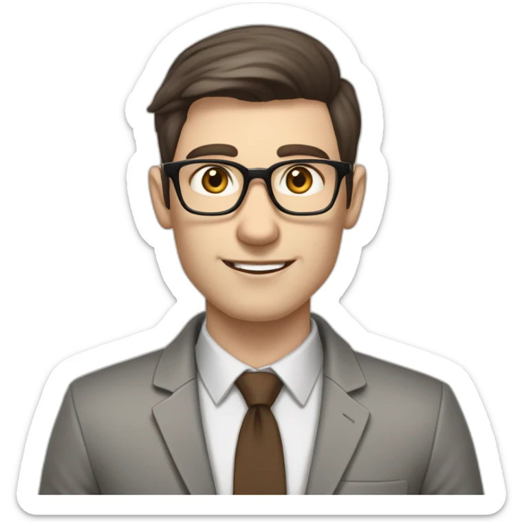 Pale skinned fit man with dark brown hair in gray jacket, beige office shirt, brown tie, brown pants and vintage glasses Writing text on a flipchart sticker