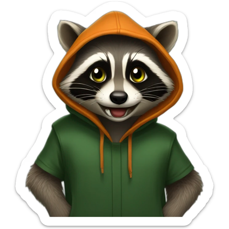 80 / 5,000 Resultados de traducción Traducción brown raccoon with orange eyes and a dark green hood that is laughing sticker
