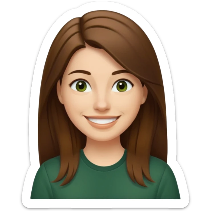 30 yr Caucasian woman long brown straight hair parted on side dark green shirt big smile sticker