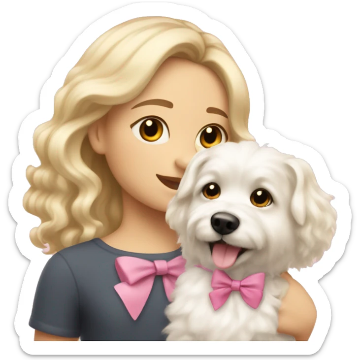 blonde girl with wavy hair taking a little fluffy white dog for a walk with a pink bow sticker
