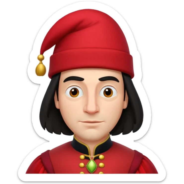 lord farquad avec un chapeau rouge plat sur le dessus, il a un vêtement rouge avec des manches bouffantes sticker