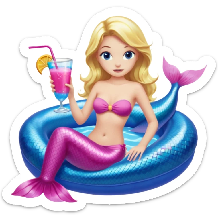 woman who is a mermaid with blonde hair and blue eyes sitting in a pink pool tube in a blue pool sipping a drink wearing a pink bikini top and a pink mermaid tail  sticker