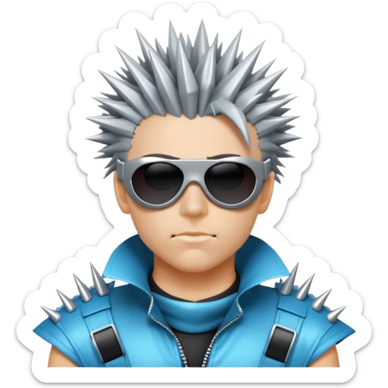cyber y2k guy with spiky hair, futuristic sunglasses, and duct tape across his mouth sticker