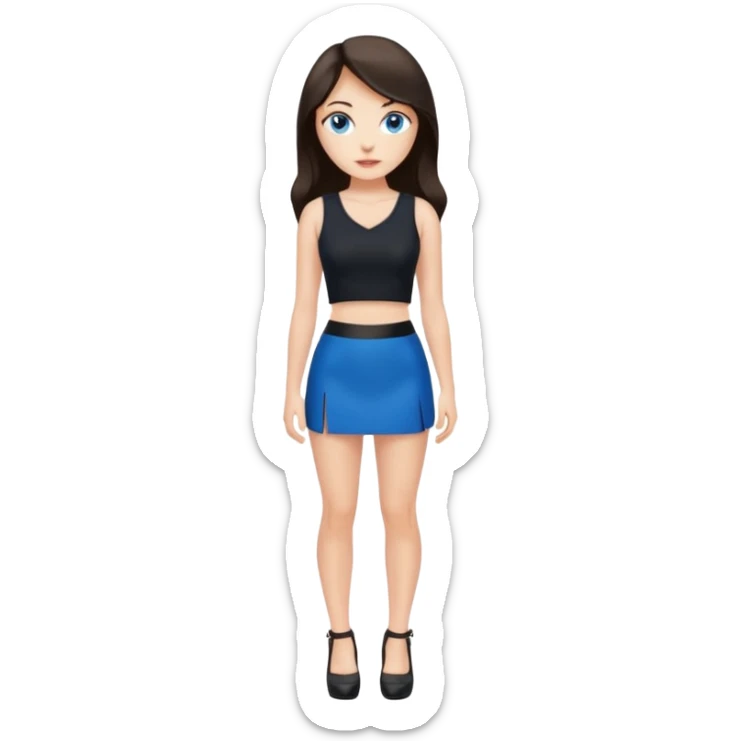 realist caucasian woman, long dark brown hair, blue eyes, black crop top, black mini skirt, high heel black shoes, full body, emoji style, hands on hips sticker