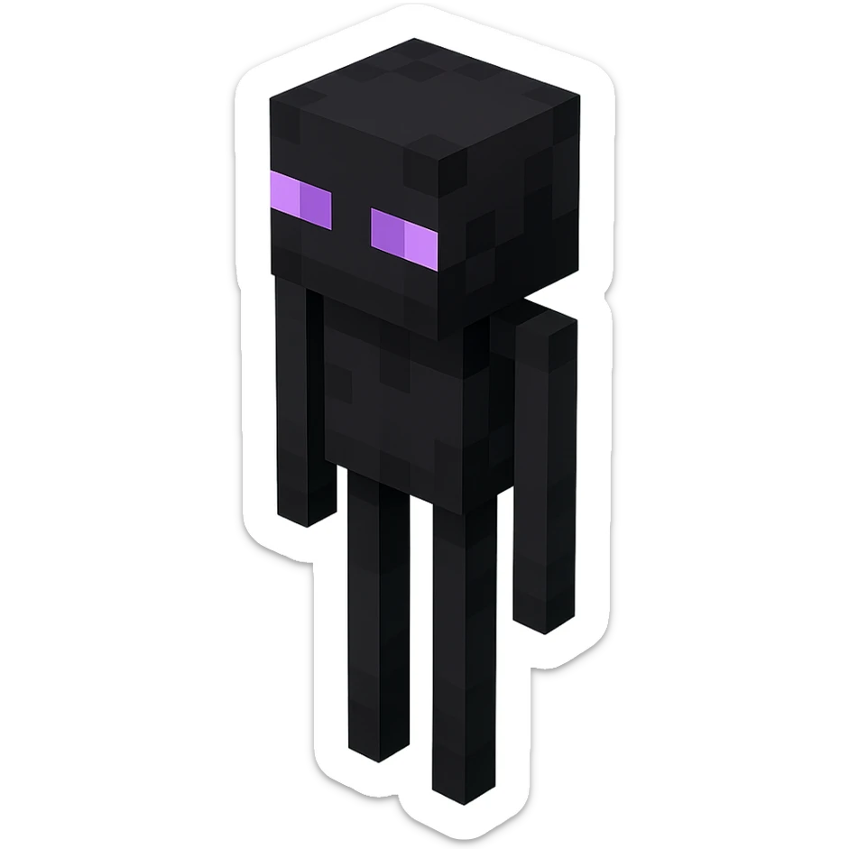 Minecraft Enderman, 3D blocky voxel style, tall and black with purple eyes, facing forward, classic Minecraft look sticker