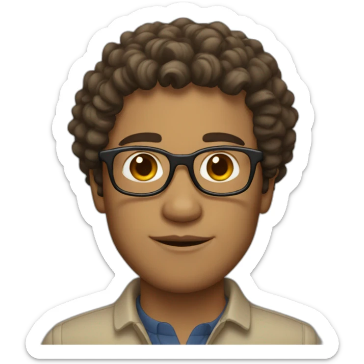 man with curly brown hair and semi-round glasses and beige skin sticker