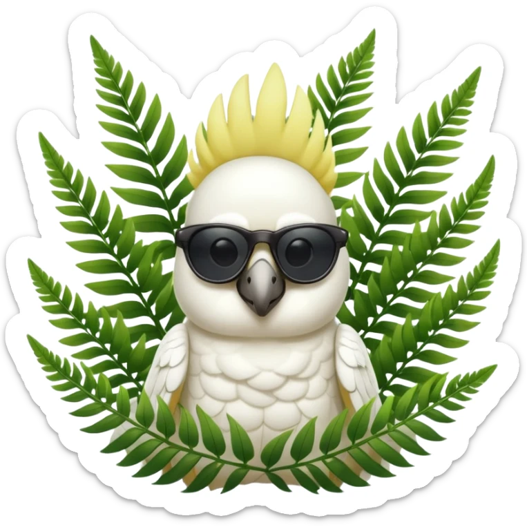 sulfer crested cockatoo wearing sunglasses sitting in a green fern tree sticker