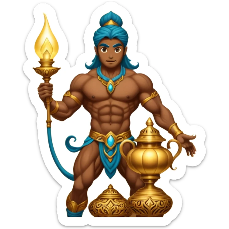 mystical fantasy illustration of a powerful jinn emerging from an ancient golden lamp.  sticker