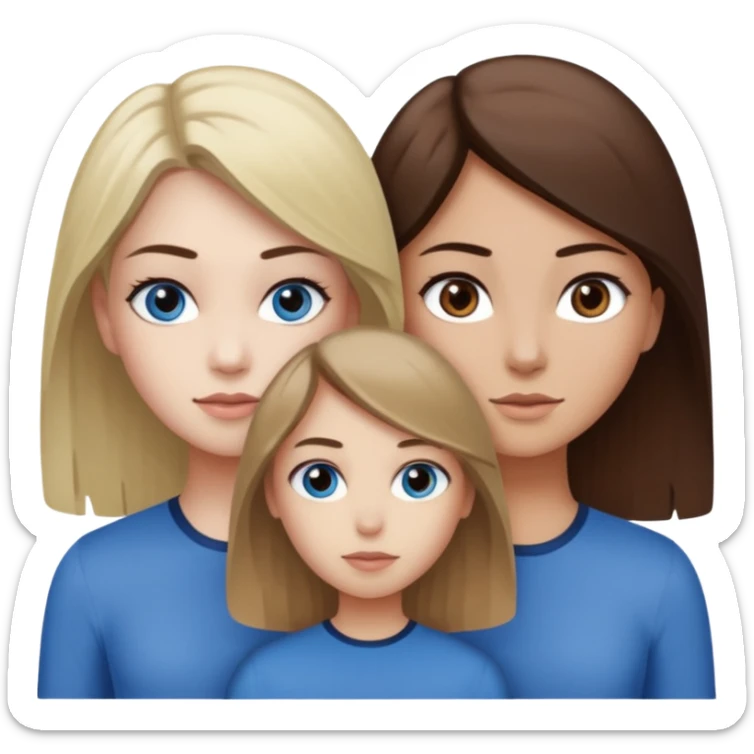 a trio of people where one girl in the back has white skin, brown hair, and brown eyes; another girl in the back has white skin, dirty blonde hair, and blue eyes; and the girl in the front has tan skin, dark brown hair and dark brown eyes. sticker