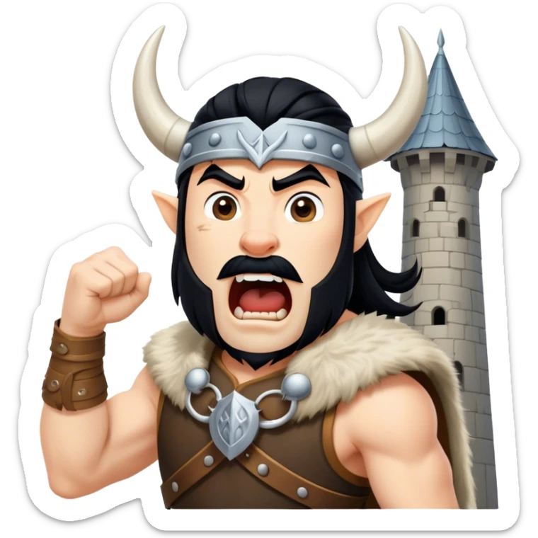 vikingo, con cuerno de vaca, pelo negro, de pie, grito de guerra en torre de Asgard. sticker