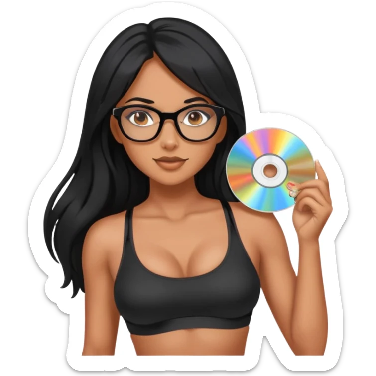 glasses, long black hair tanned woman, black sports bra, sexy, hot, data analysis, holding a cd   sticker
