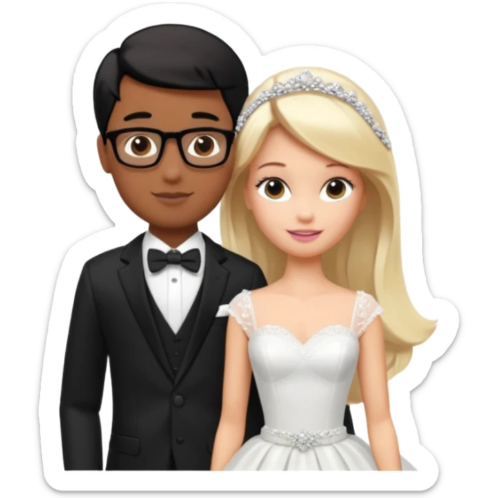 pretty light blonde girl barbie wedding to boy nerd with short black hair and dark tan skin sticker