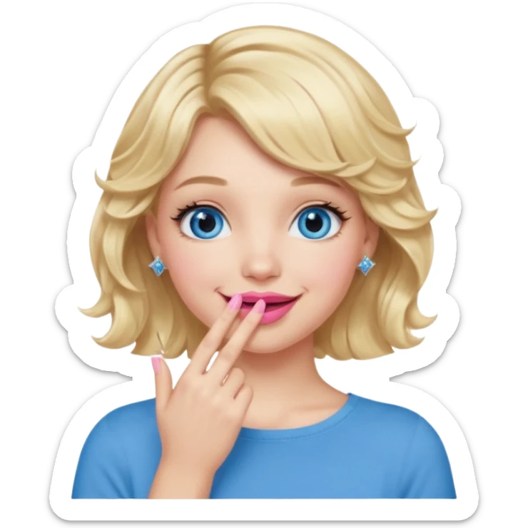 Girl Blonde short wavy hair,  blue eyes, cute blue top, long lashes, pink lips, smiling, hand over the mouth sticker